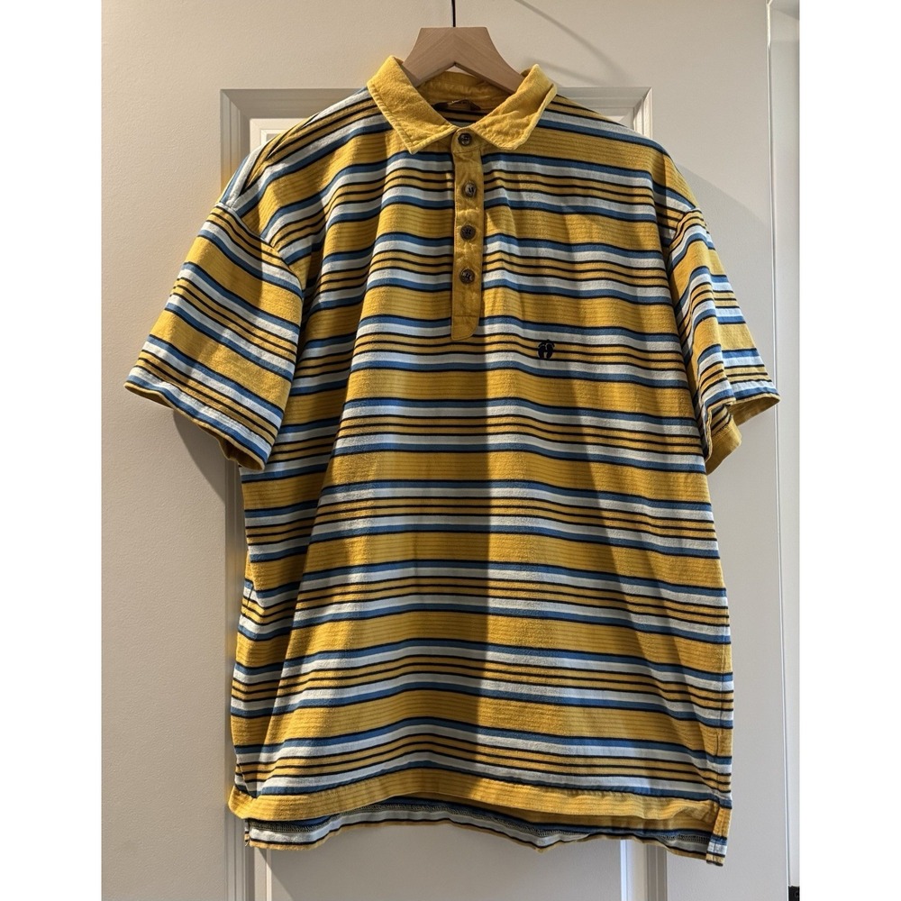 Hang Ten Polo Shirt Mens XL Yellow Blue Striped Surf Beach Coastal Retro